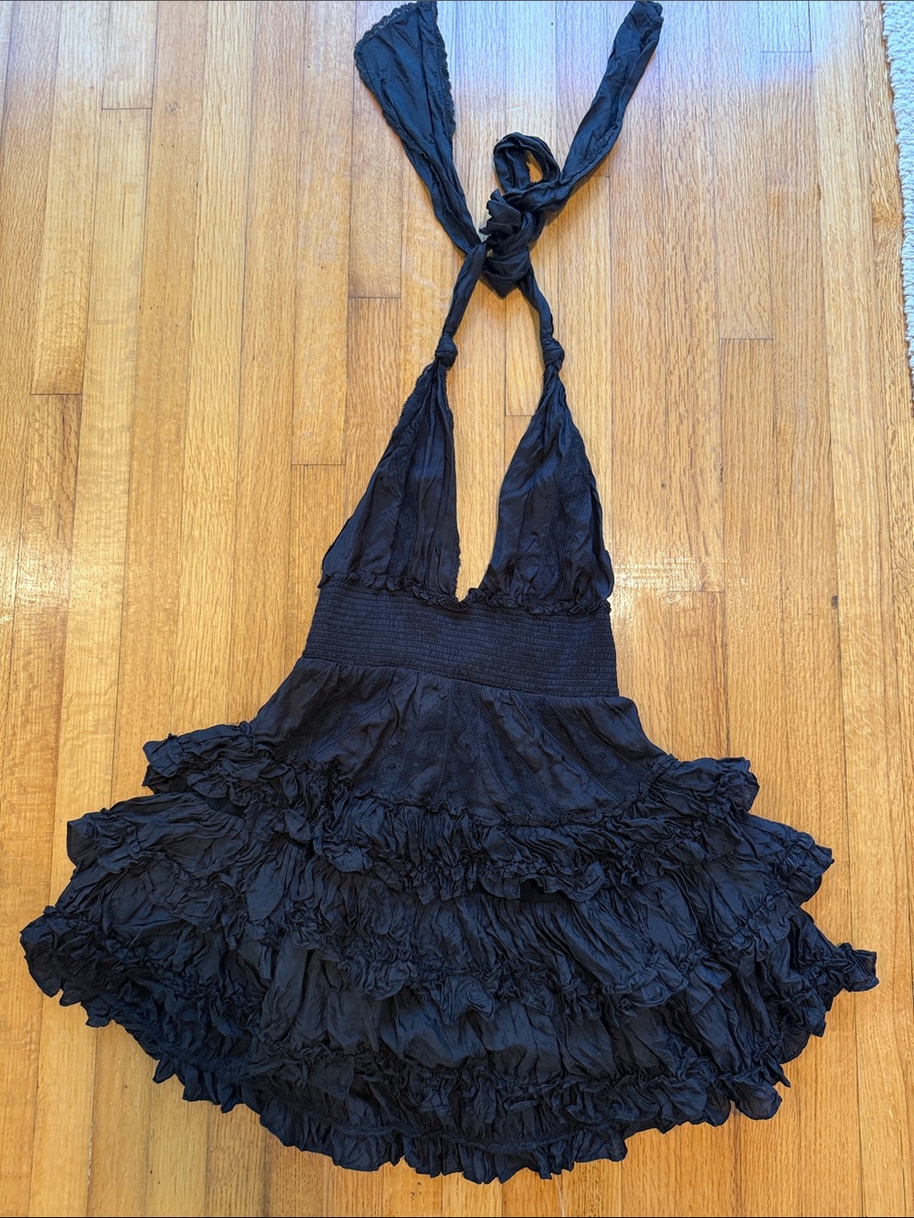LoveShackFancy Black Ruffle Halter Mini Dress